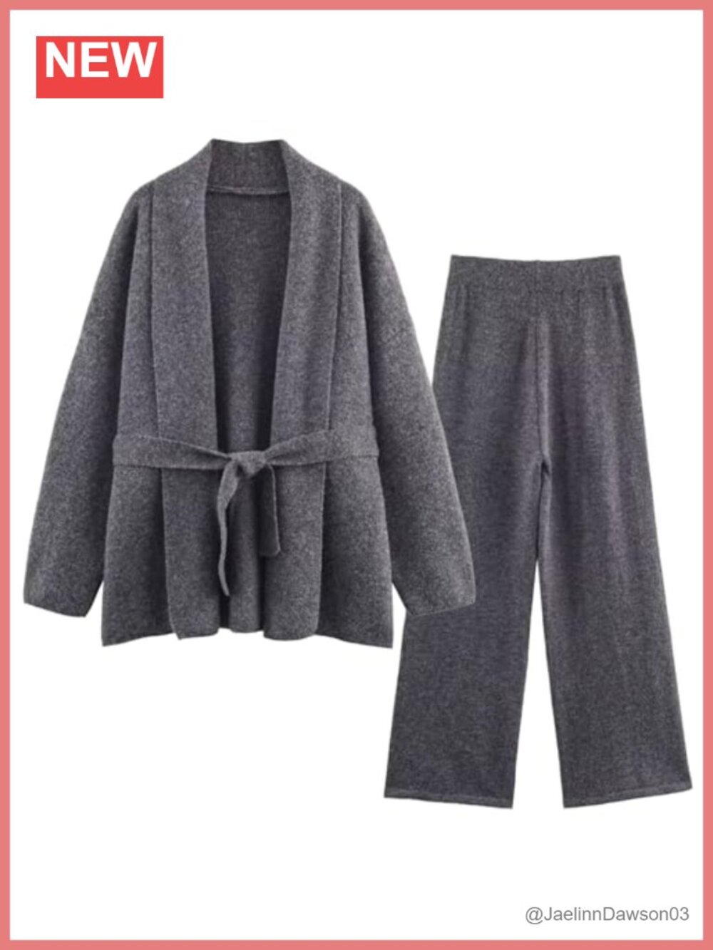 Rib Knit Lounge Set Oversized Tie Cardigan & Wide Leg Pants